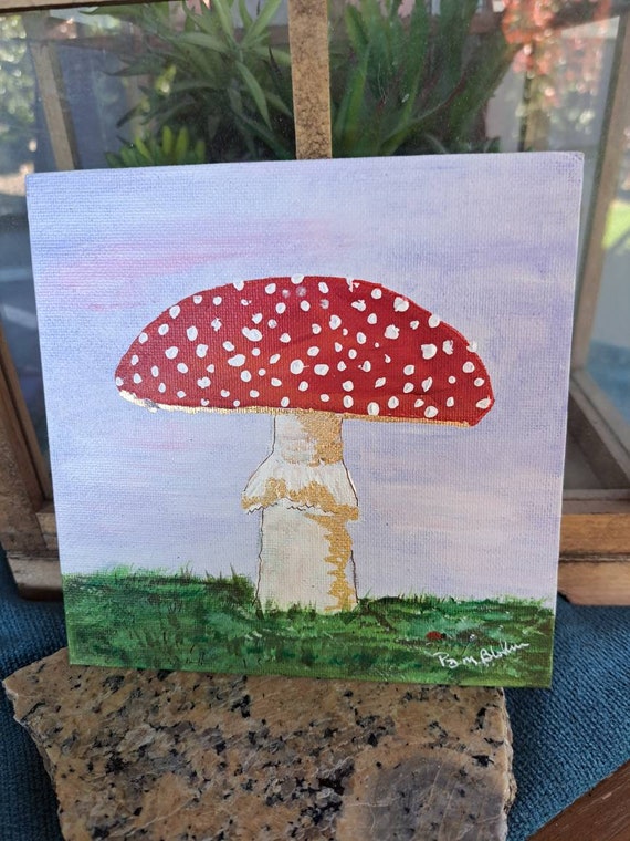 Mushroom original acrylic art - Fly Agaric Red Cap Fungi with 24k gold leaf detail- small art fungi art 6x6 Canvas Panel