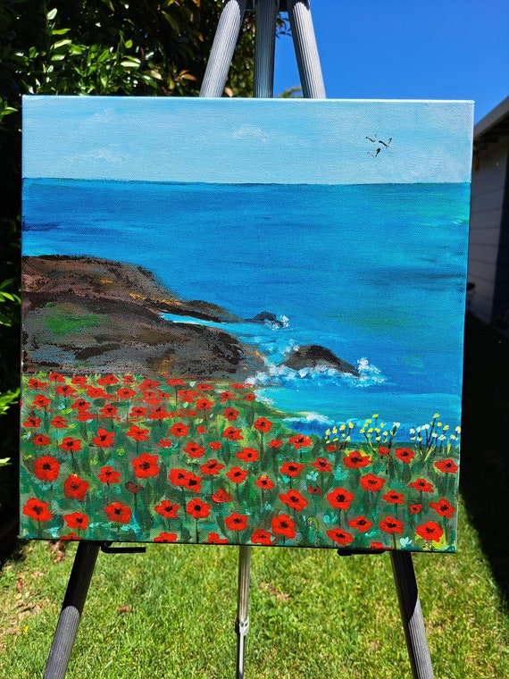 Red Poppies Ocean Landscape - 14x14 Original Acrylic Painting -Seascape and Flowers Artwork