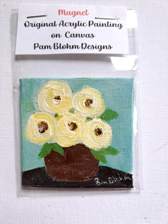 Fridge MAGNET Tiny Painting- Original acrylic painting "Sweet Bouquet" Vase of Yellow Roses - 2.5x2.5" mini art gift idea