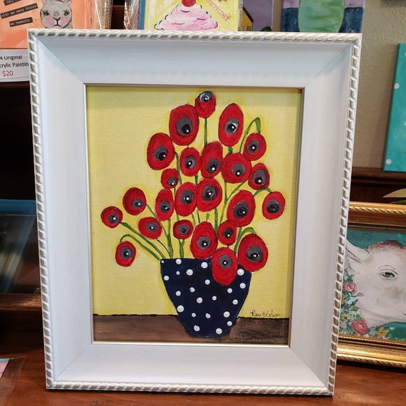 Original Flower Art "Whimsical Red Poppies" - 8x10 Unframed Canvas Panel -Red and Yellow home decor wall art-Polka Dot vase