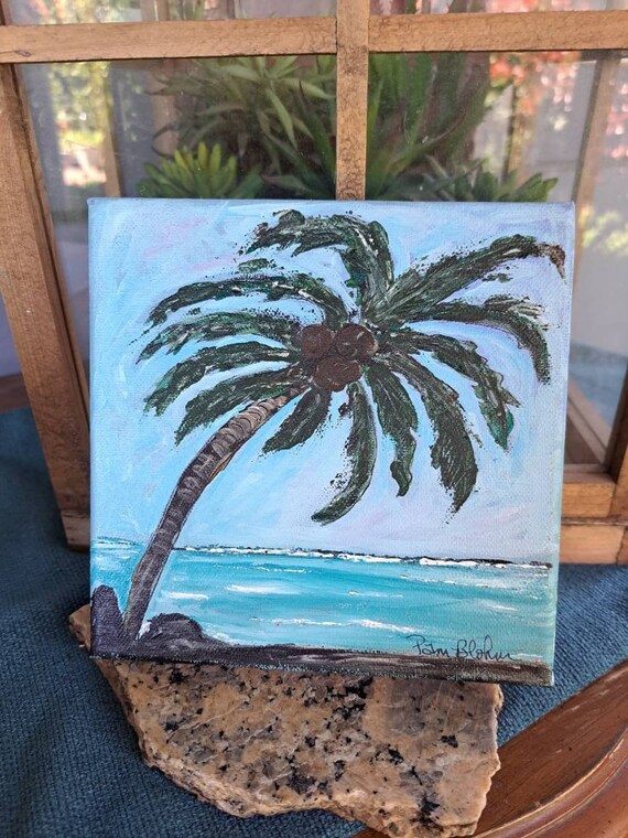 Original "Palm Tree on the Beach" Acrylic Painting- 6x6 Unframed Small art- Tropical Island art -