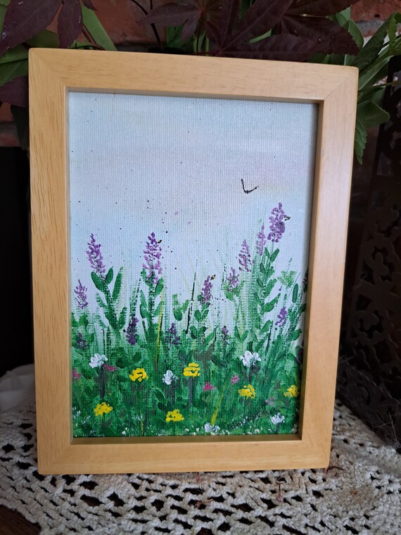 FRAMED Small art " Field of Wildflowers"-Original acrylic painting -5x7 canvas Panel -MEADOW of Flowers artwork