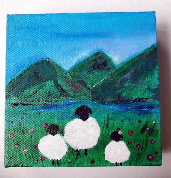 Sheep in the Meadow "Family of 3" - Farm Animal Lambs -Original acrylic painting - 6x6x1.25 " gallery wrapped canvas- Spirit Animal