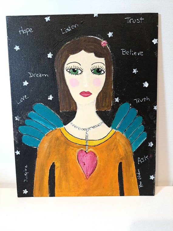 Angel acrylic painting "Angelic Inspiration" 8x10 canvas Panel - Folk art Angel with Wings- Boho Wall art