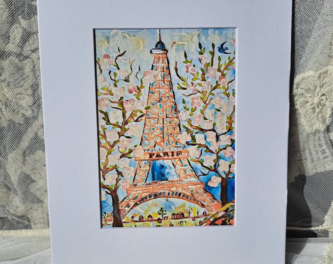 Eiffel Tower with Spring Cherry Blossoms White Matted to 8x10 inch frame size- Paris in Spring  wall art