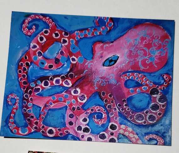 Octopus Fridge Magnet- Whimsical Ocean Octopus - Pink Octopus Artist Magnet 3.5x4.5"