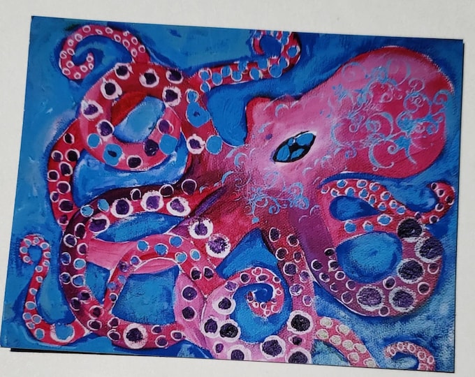 Octopus Fridge Magnet- Whimsical Ocean Octopus - Pink Octopus Artist Magnet 3.5x4.5"