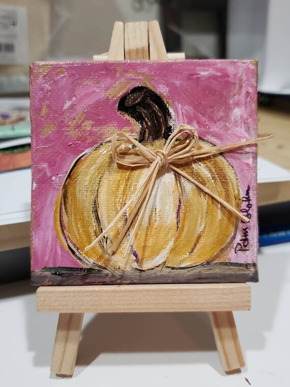 Small art "Golden Pumpkin " Fall Decor-3x3 inch miniature original acrylic painting with display easel included