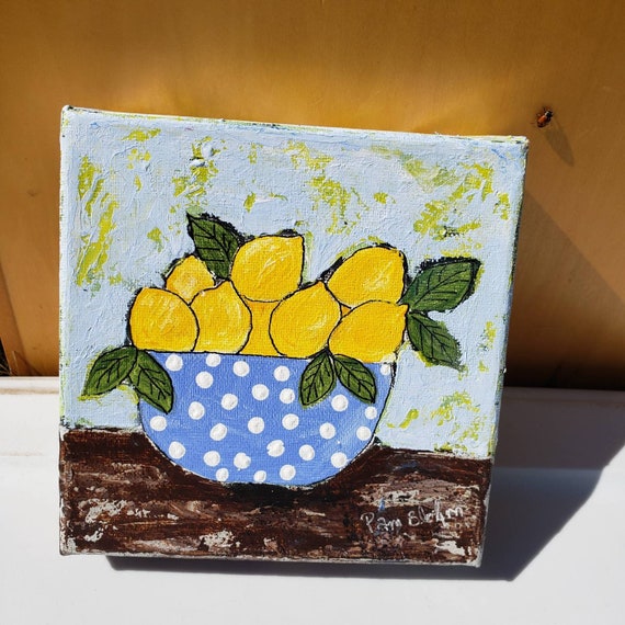 Original "Polka Dot Bowl with Lemons "- modern abstract kitchen wall art - 6x6 wrapped stretched canvas-Bowl of Lemons