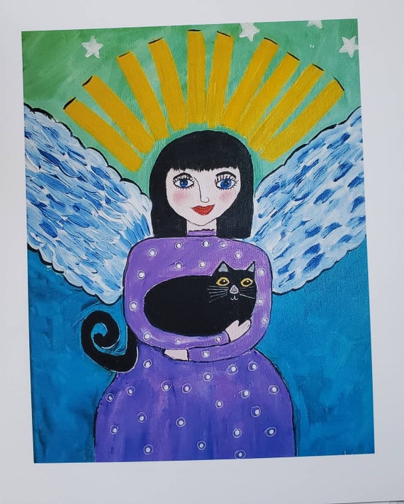 PRINT " Black Cat Angel" from original acrylic painting by Pam Blohm- white matted to fit 8x10 frame size