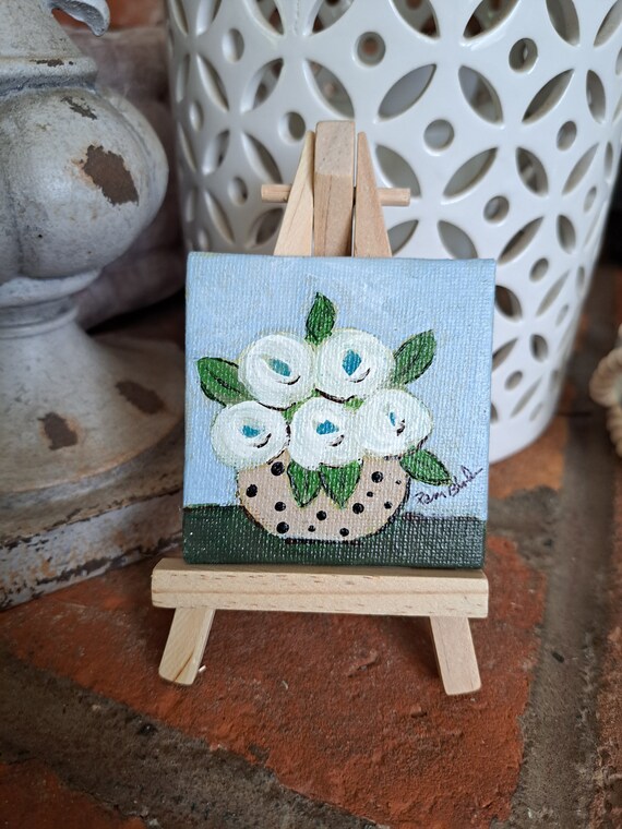 TINY art - Polka Dot Vase of 5 White Flowers- Original Acrylic Painting- 2.5x2.5 " canvas panel - small art gift idea includes display easel