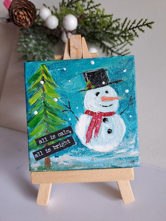 Christmas Snowman decor Small art 3x3 includes display easel - original acrylic painting