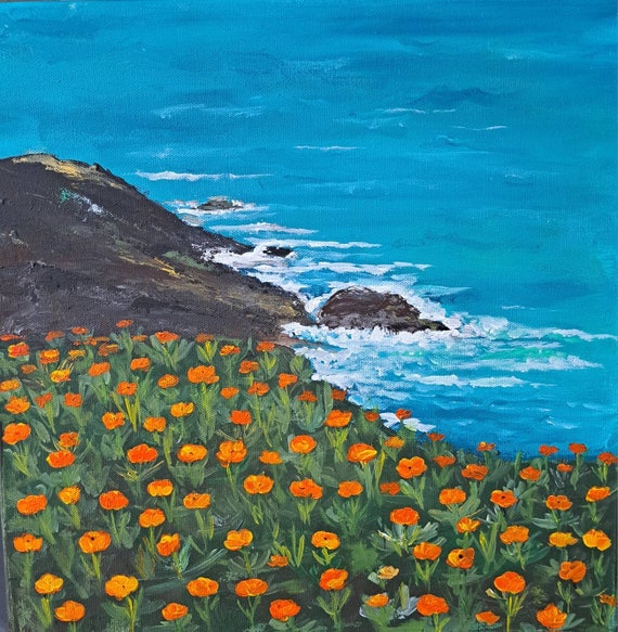 Ocean Landscape "California Poppies Bloom" -Original Acrylic Painting - Seascape Painting - 14x14