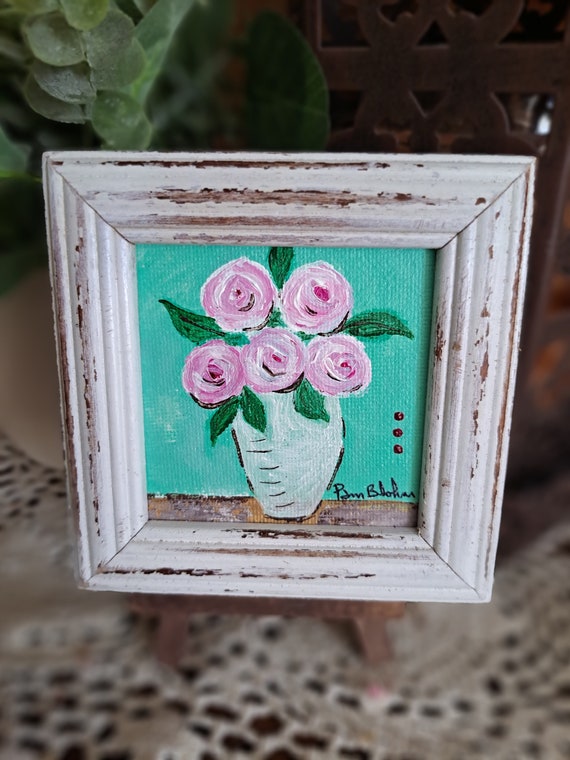 FRAMED Mini artwork - "5 Pink Flowers" Original Acrylic Painting-3x3 small art Vase of Pink Flowers- includes display easel