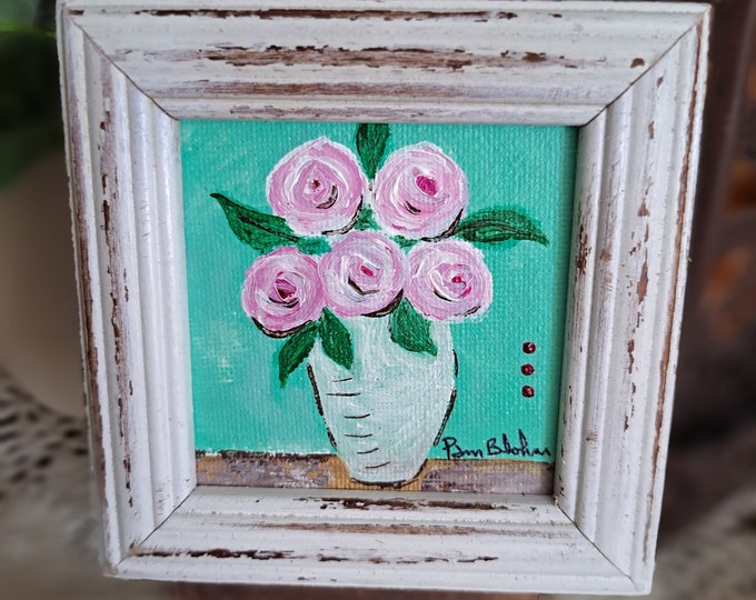 FRAMED "5 Pink Flowers" Original Acrylic Painting- 3x3 small art Vase of Pink Flowers- includes display easel