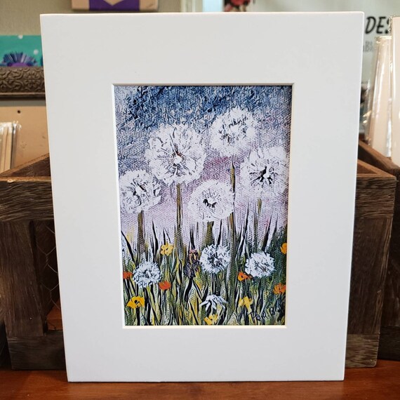 PRINT "Dandelions in the Wildflowers " -White Matted to 8x10- Dandelion artwork- Flower Meadow artist PRINT