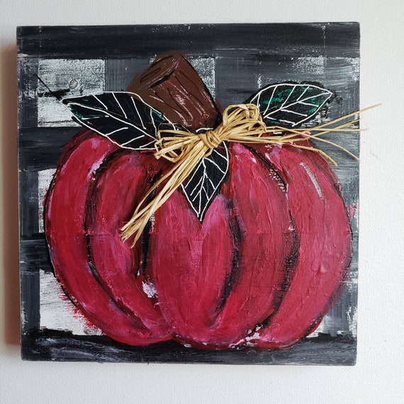 Pumpkin original acrylic painting- 6x6 Birchwood Canvas -Shelf /Mantle decor -Fall holiday decor
