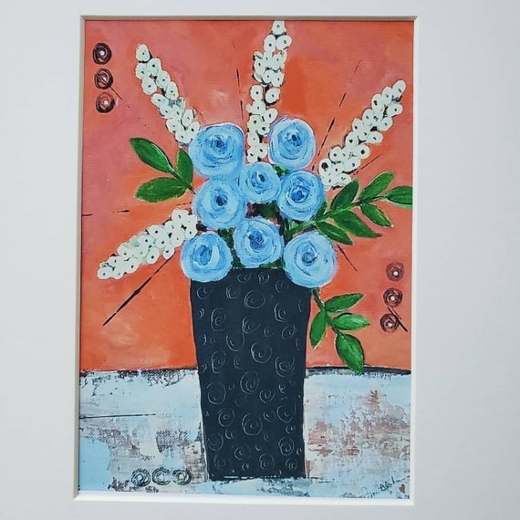 PRINT "BLUE Flowers" Wall art - Blue and Orange Theme home decor - Flowers in Vase White Matted to 8x10 frame size