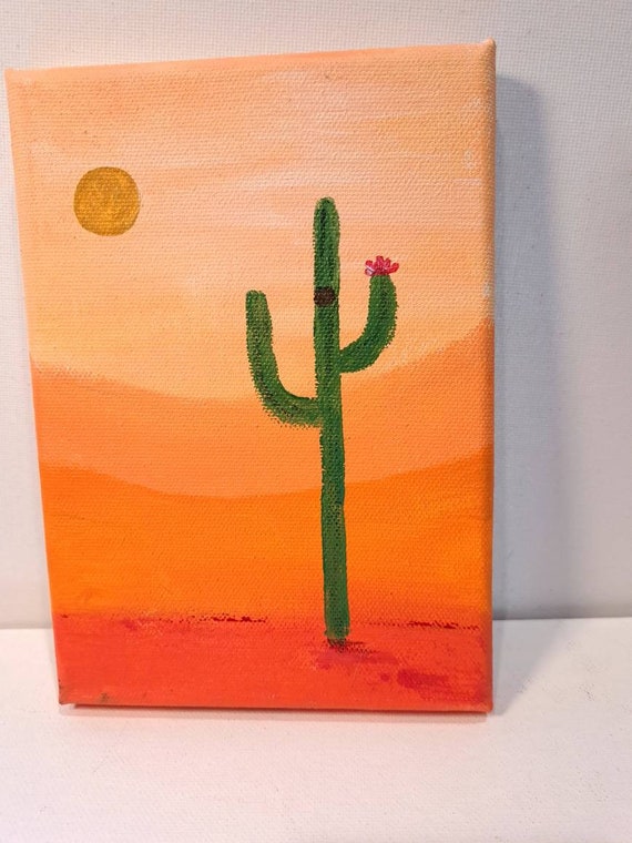 Desert Cactus at Sunset "Summer Saguaro" - Boho small art -Original Acrylic Painting-5x7 Unframed artwork