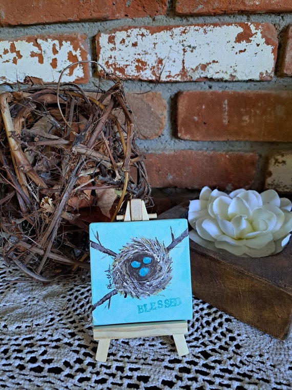Original Small Acrylic Painting- 3 Eggs Bird Nest "Blessed" - 3x3 small art canvas panel includes display easel