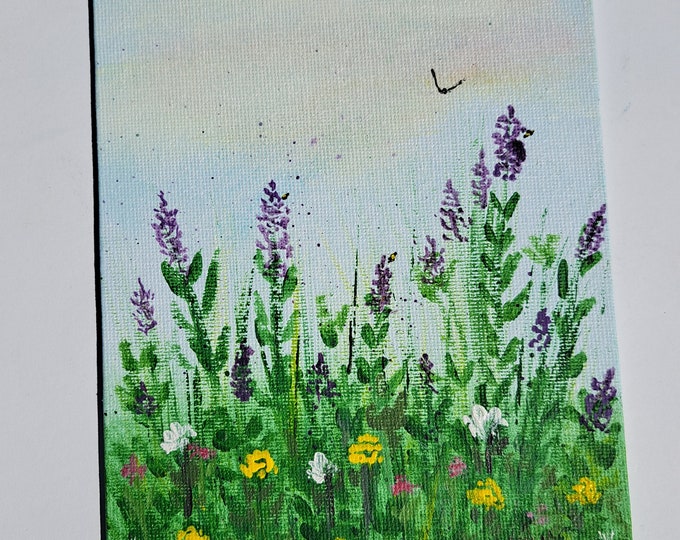 Small art " Field of Wildflowers"-Original acrylic painting -UNFRAMED 5x7 canvas Panel -MEADOW of Flowers artwork