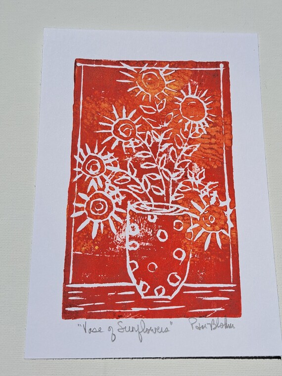 Linocut Print "Vase of Sunflowers" - Handprinted Red and Orange Sunflowers Wall Art-5.25x7.5 Unframed Print Only
