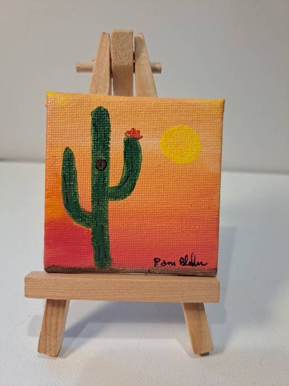 Saguaro Cactus at Sunset Mini Art 2.5x2.5 "- Original Acrylic Painting includes pine display easel- Desert art gift idea