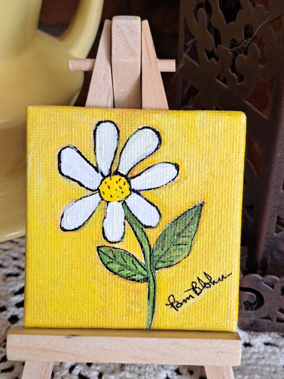 TINY Painting Flower "Daisy" Original Acrylic Painting- 2.5x2.5 " small art canvas panel - small art gift idea