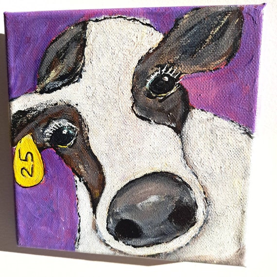 Original acrylic painting "Cow #25" -6x6 inch stretched canvas Farm Animal Theme artwork - Purple and White art