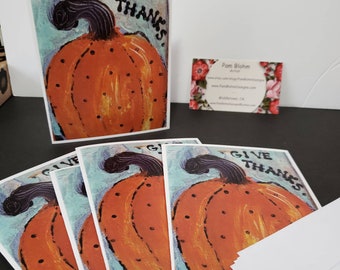 FALL PUMPKIN Note Cards "Give Thanks" - set of 5 blank cards with Envelopes  - Thanksgiving invitation -blank inside
