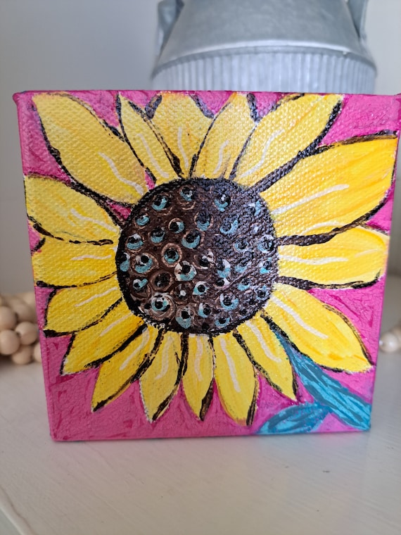 Small art Sunflower-4x4 Original acrylic painting- Yellow Sunflower artwork