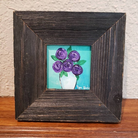 FRAMED "Purple Roses " - Original acrylic art- 3x3 small art on Birchwood canvas- Purple Flowers Small art- Purple and Teal Home Decor