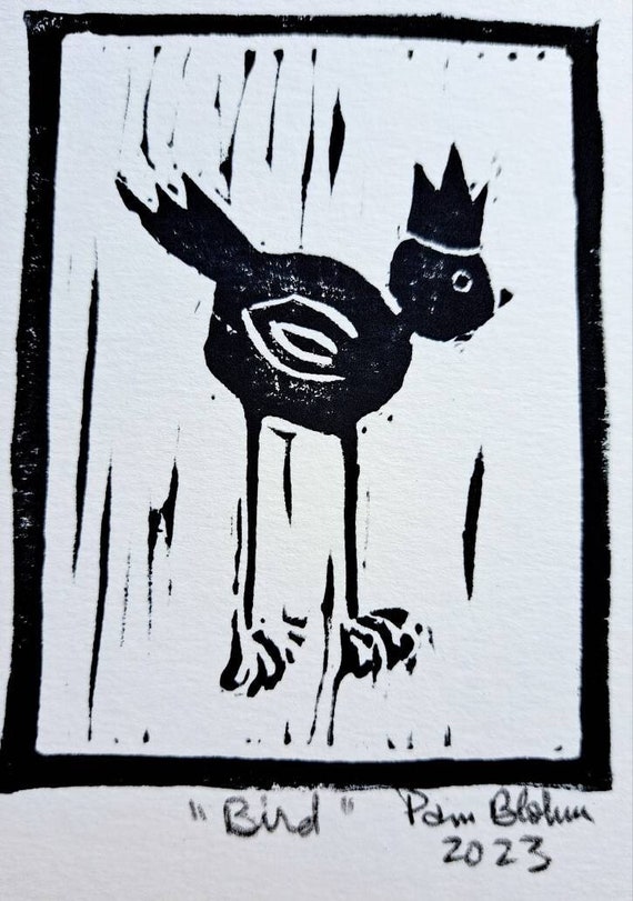Linoleum Block Print-Black ink-Whimsical Black "Bird" - 4 x 5.5 inch small art under 10-Lino Print Home Decor