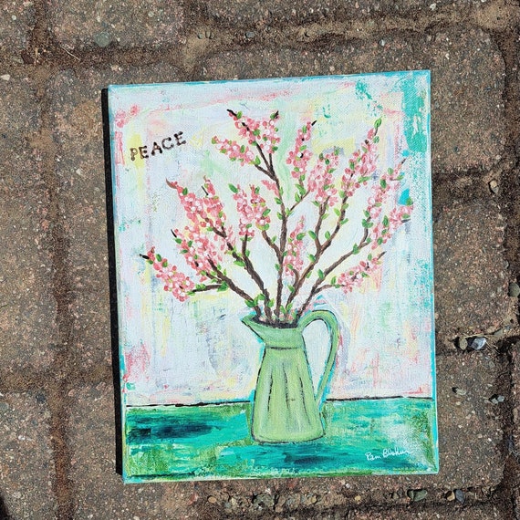 Vintage Watering can full of flowers- 8x10 Stretched Canvas Original acrylic painting - Floral wall art -peach and green decor