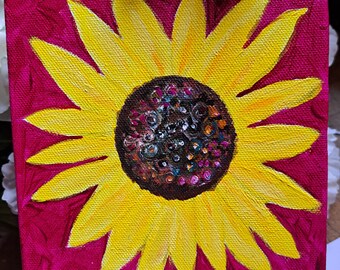 Sunflower "Magenta Morning " - Original Acrylic Painting-Sunflower artwork-6x6 stand alone deep wrapped canvas-Hot Pink and Yellow art