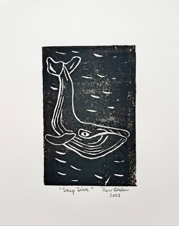 Linoleum Block Print-Humpback Whale "Deep Diving " - Black ink Print - 8x10 Block print paper. Ocean Whale artwork-Ocean Sealife art