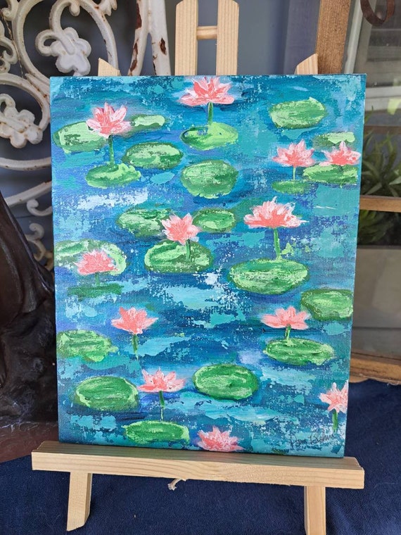 The "Water Lily Pond" Original acrylic painting-8x10 Unframed Canvas PANEL-Monet Inspired Lily Pond artwork