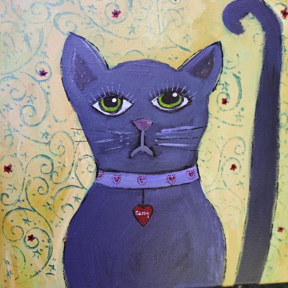 Cat Art Original acrylic painting- "Sassy" Lavender Grey Cat with Green Eyes -12x12 unframed stretched canvas" - Kitty Cat ARTWORK
