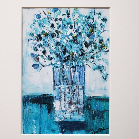 PRINT "Vase of Teal Twigs" -Teal Floral Wall Art- white matted to 8x10 frame size- Artist PRINT shades of blue