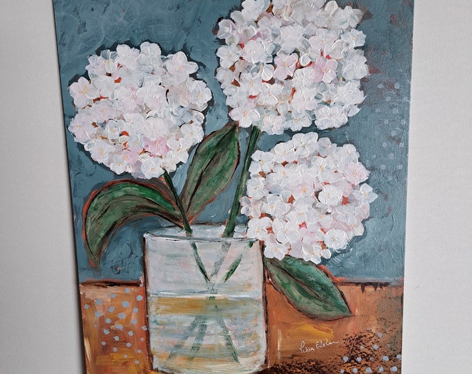 Hygengeas in a Vase -Original Acrylic Painting -11x14 impressionist artwork - Floral Home decor wall art- 3 Flowers painting on Canvas Panel