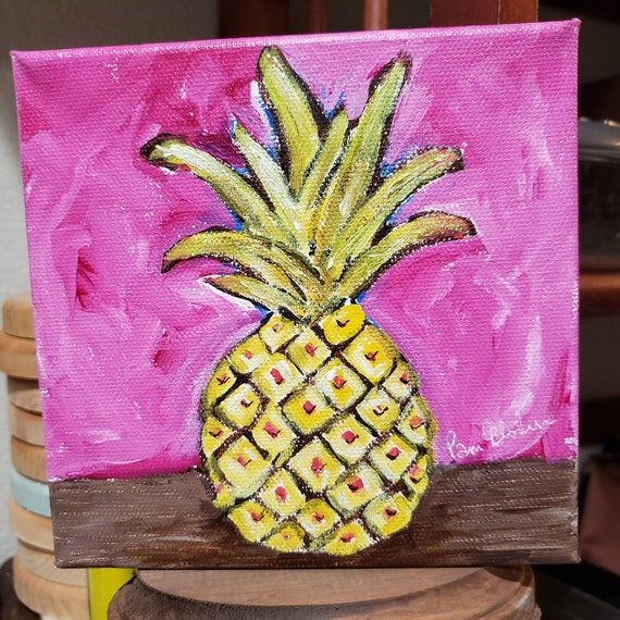 Pineapple " Hawaii Gold " Original acrylic painting-Stand alone 6x6" Gallery wrap canvas - Tropical Fruit Kitchen Decor Bold and Beautiful