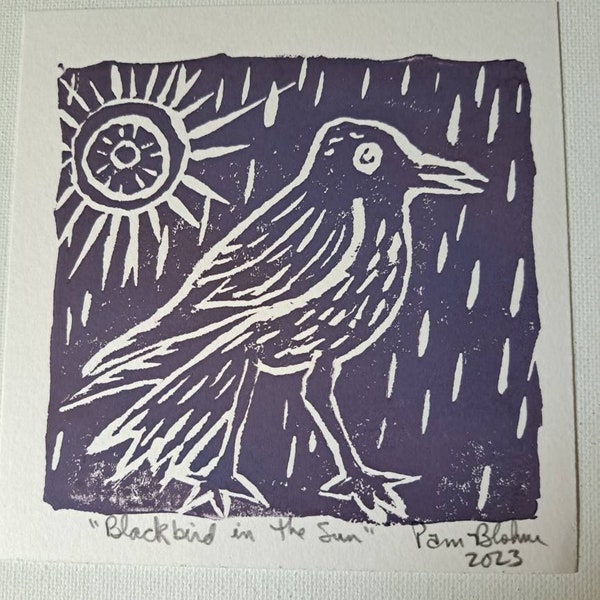 Linoleum Block Print "Black Bird in the Sun" - 5x5 dark lavender small art Bird-unframed  linocut print wall art .