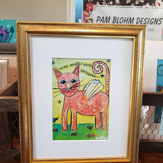 Angel Cat "Some angels have Wings " - Orange Whimsical Cat Art -White matted Artist PRINT 8x10 frame size- CAT wall art