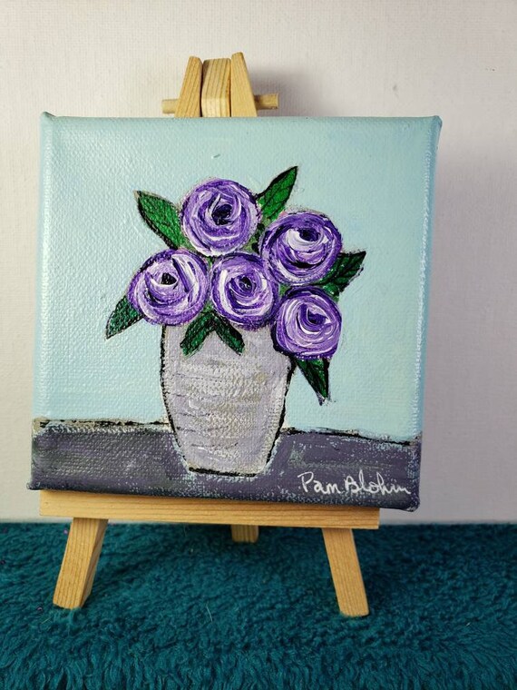 Vase of "Purple Flowers" Still Life- Original Acrylic Painting w/ display easel-3.75x3.75" small art -tiered tray decor- -Vase of Flowers