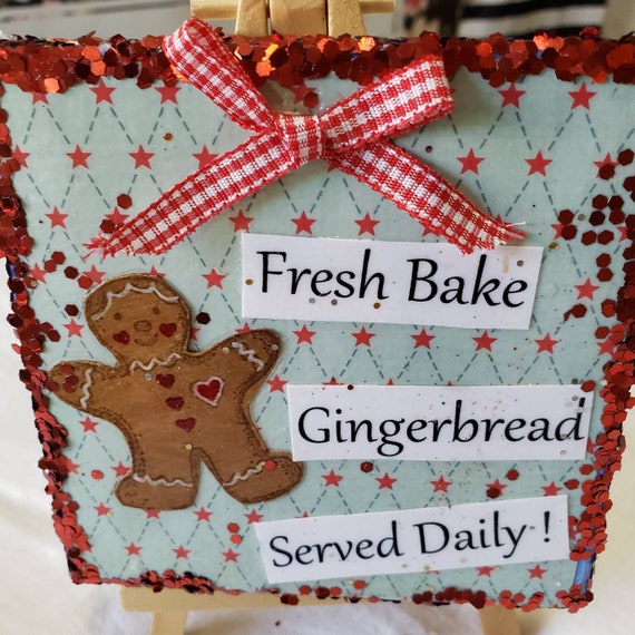 Mixed Media Christmas decor - 4" x 4" canvas Gingerbread Kitchen Easel art-Glittered gift idea