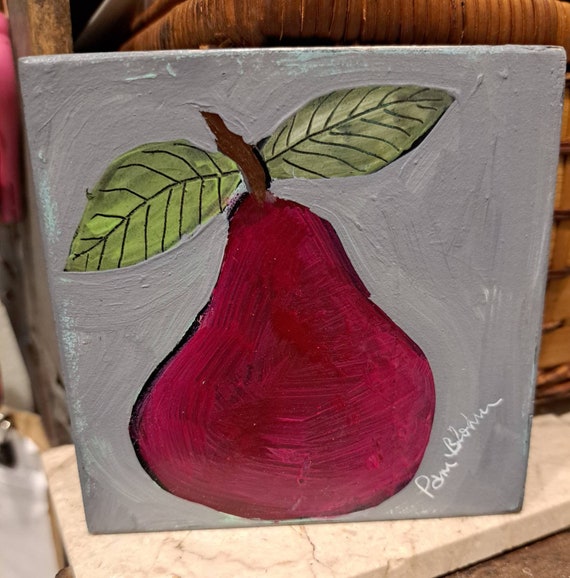 Pear Fruit Original Acrylic Painting " Simply Delicious" small art on wood- 4x4 Small art Pear- tier tray kitchen decor