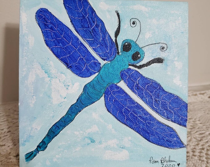 Dragonfly original acrylic painting- 6x6 Canvas Panel- Small art blue Damsel- Dragonfly spirit animal