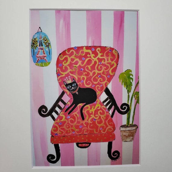 Black "Cat in a Chair" -Artist PRINT - Paris Theme wall art - white matted to 8x10 frame size- Pink Chair art