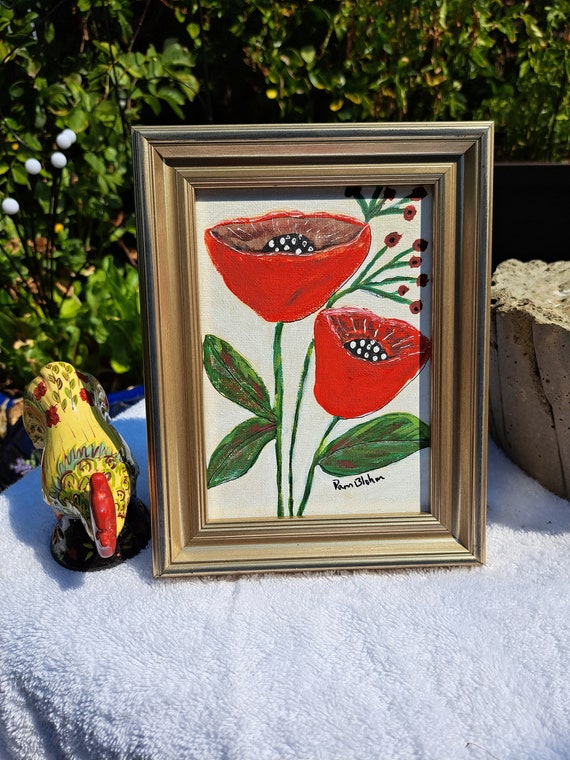 Frame Red Poppies Original acrylic painting - 5x7 Gold Frame Wall or Table artwork