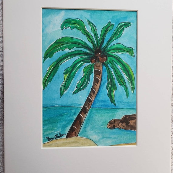 Palm Tree and Ocean Original Watercolor "Hawaii Palm" - White matted to 8x10 frame size - tropical Beach Watercolor art